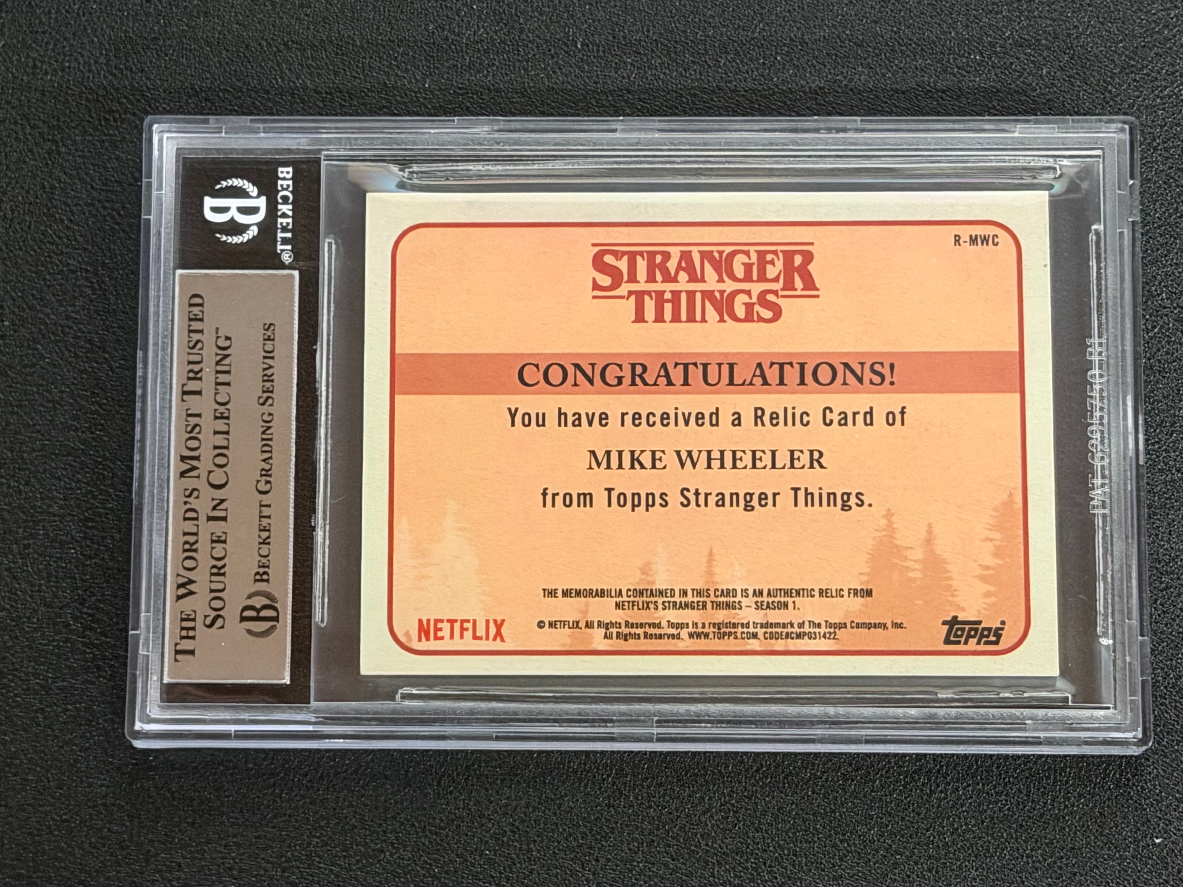 Finn Wolfhard Signed as Mike Stranger Things Season 1 Topps Relic Card - Beckett Slab