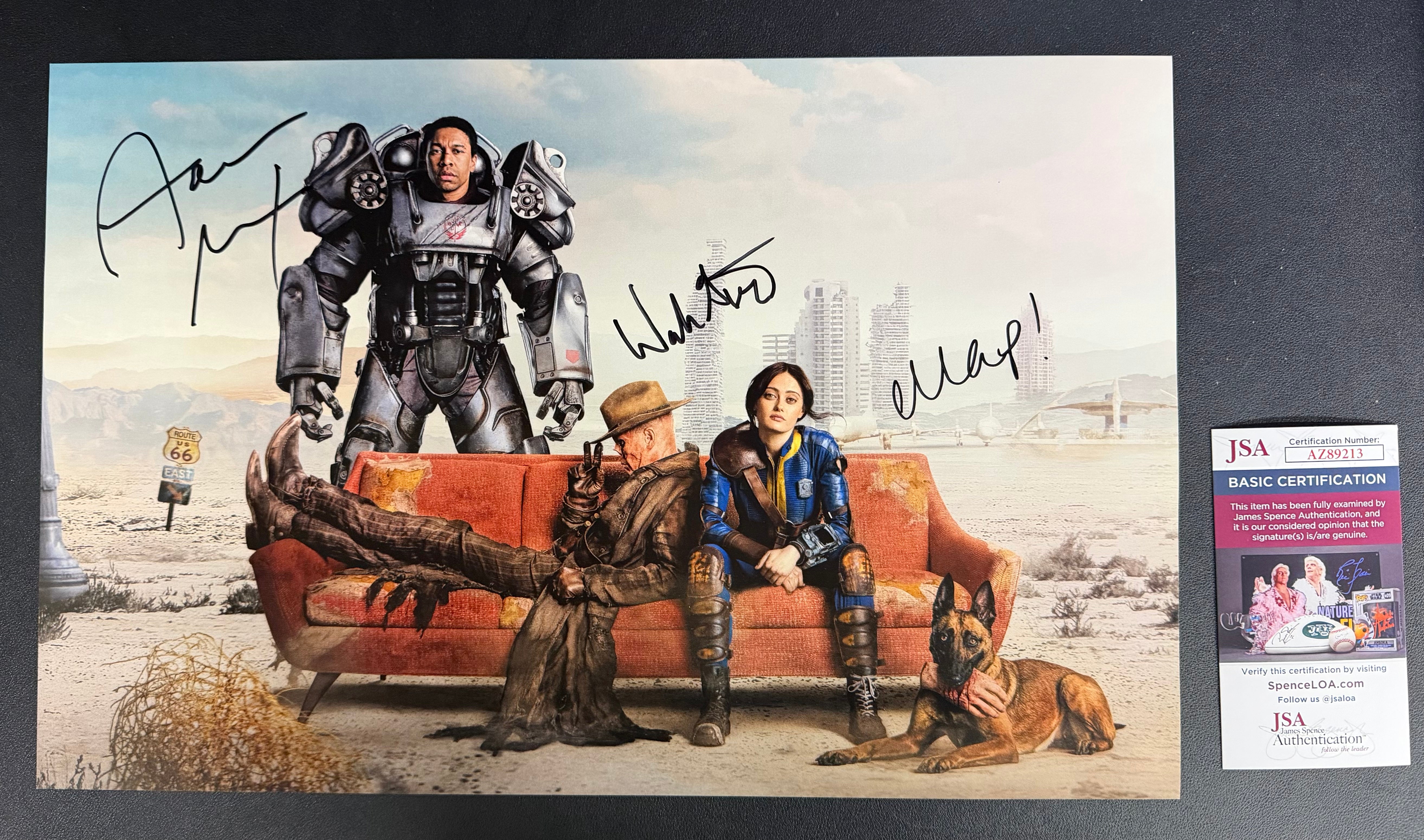 Ella Purnell, Walton Goggins, Aaron Moten Signed 11x17 Fallout Cast Photo - JSA