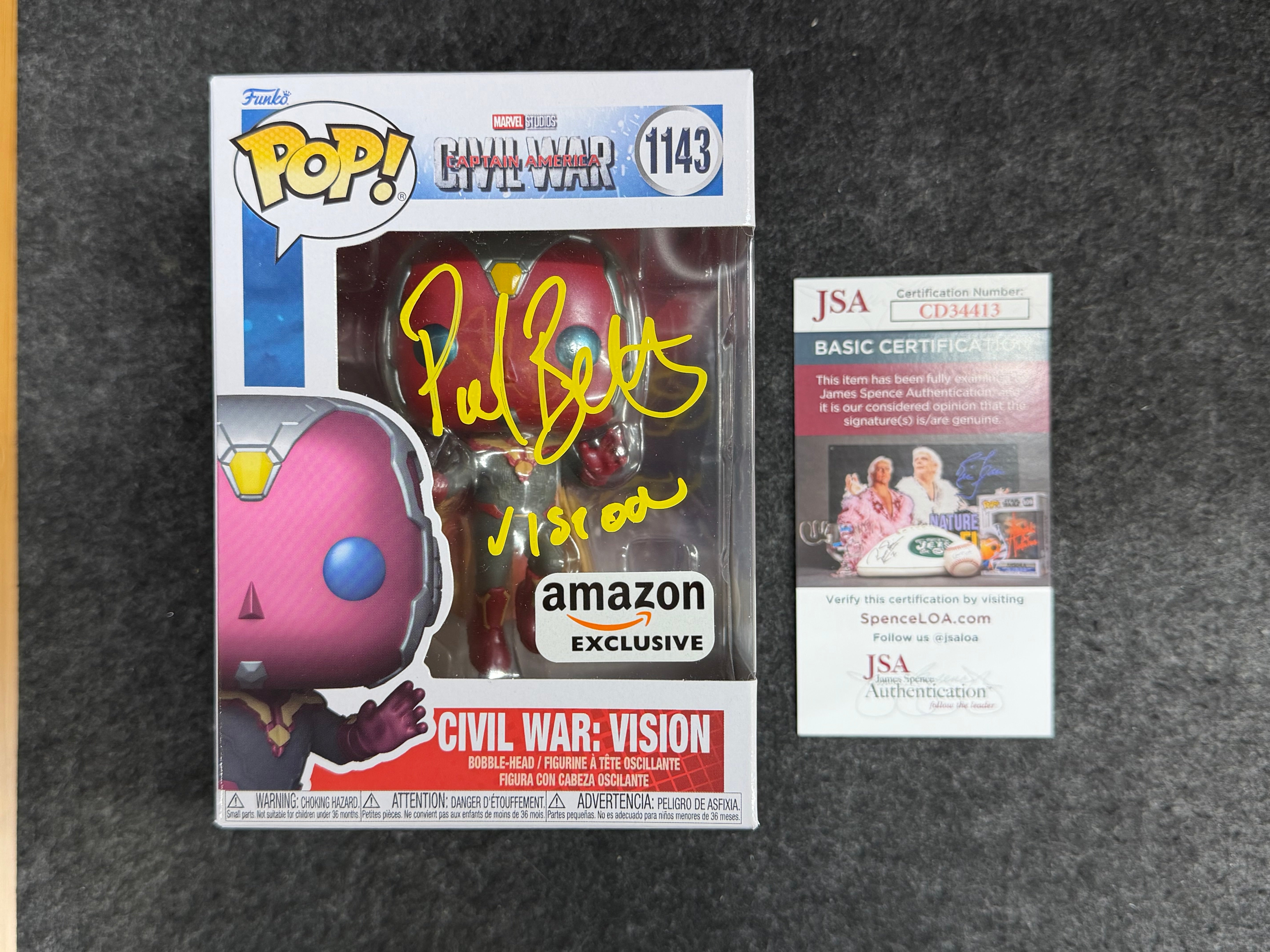 Paul Bettany Signed Vision Captain America Civil War #1143 Funko - JSA COA